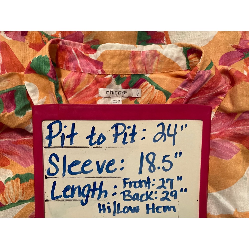 Chicos 100% Linen Button Down Shirt 3 XL 16 Orange Tropical Leaf Coastal Resort - Picture 6 of 7